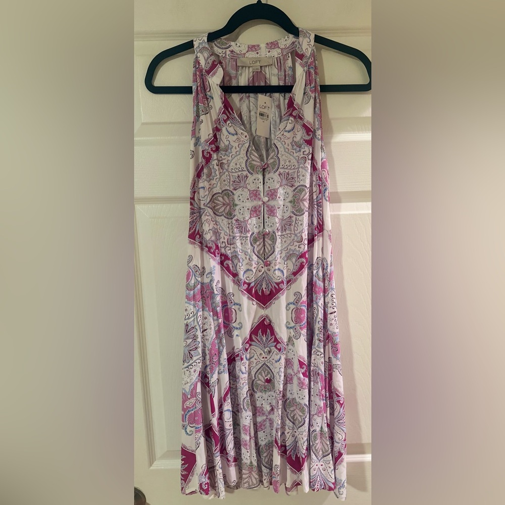 NWT Women’s LOFT Boho Sleeveless‎ Paisley Print Shift Pink White Spring Dress M. - Picture 2 of 5